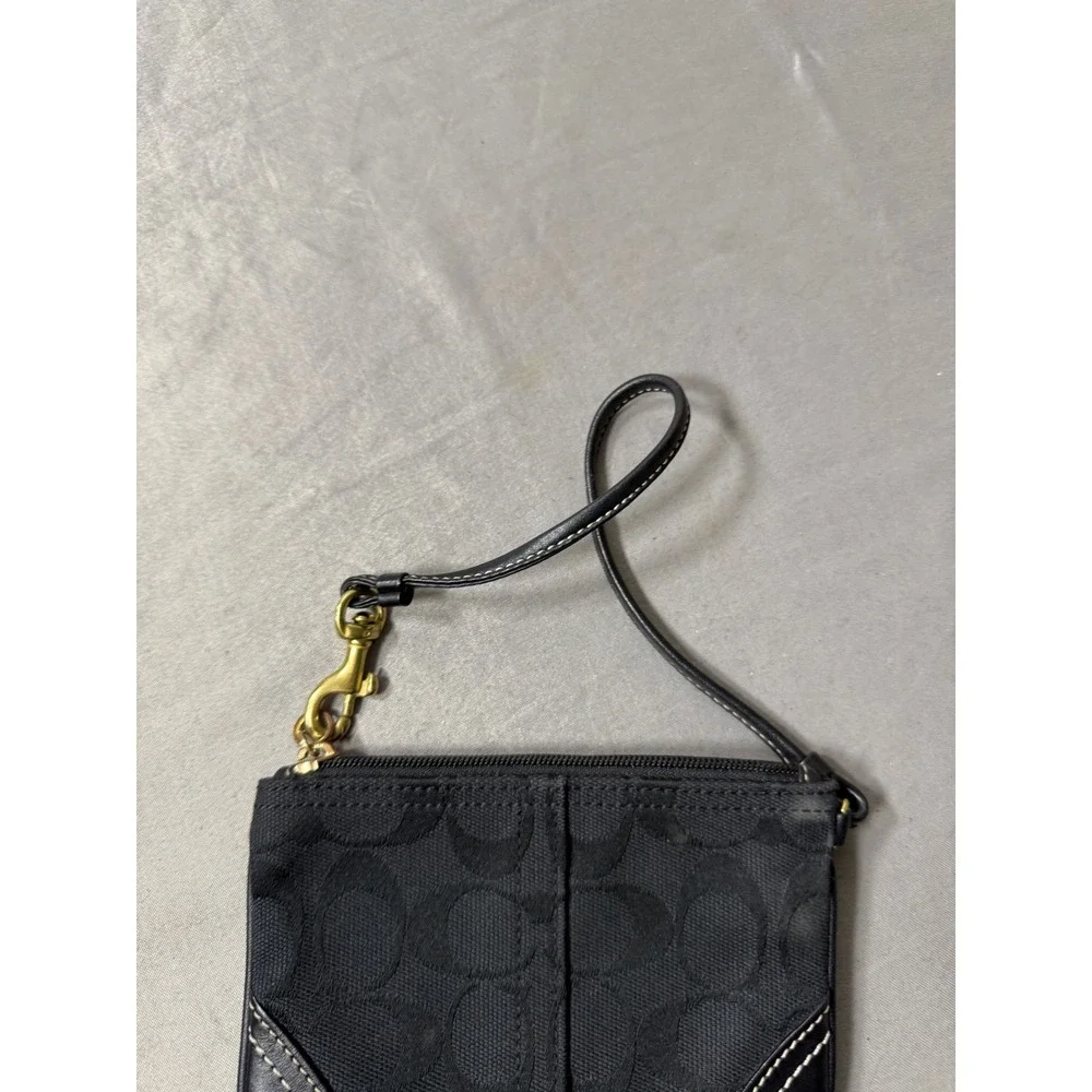 Coach Signature C Jacquard Wristlet Black Small Pouch Bag with Leather Trim